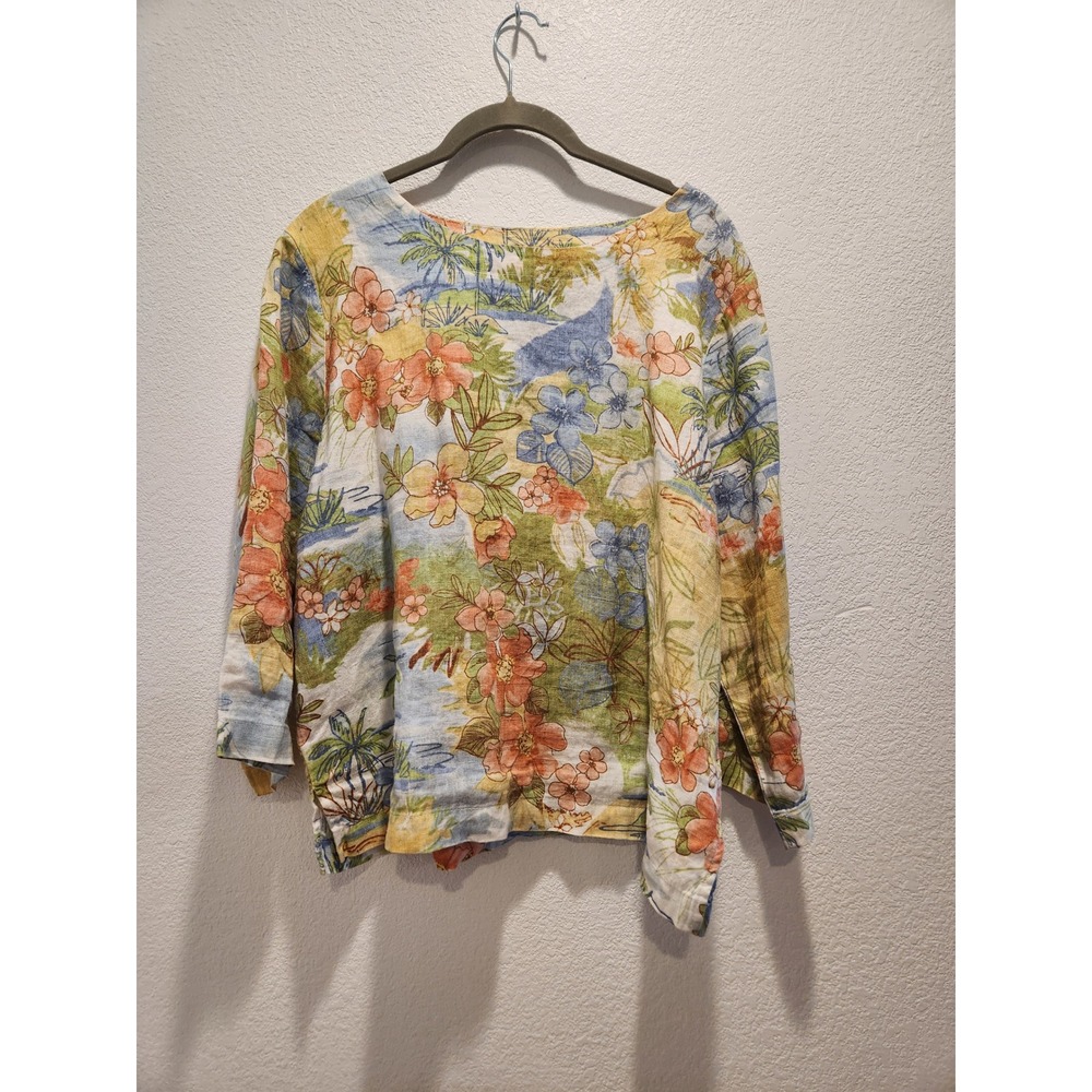 Hot Cotton by Marc Ware Tropical Floral Linen Top Blue Orange Yellow Size M